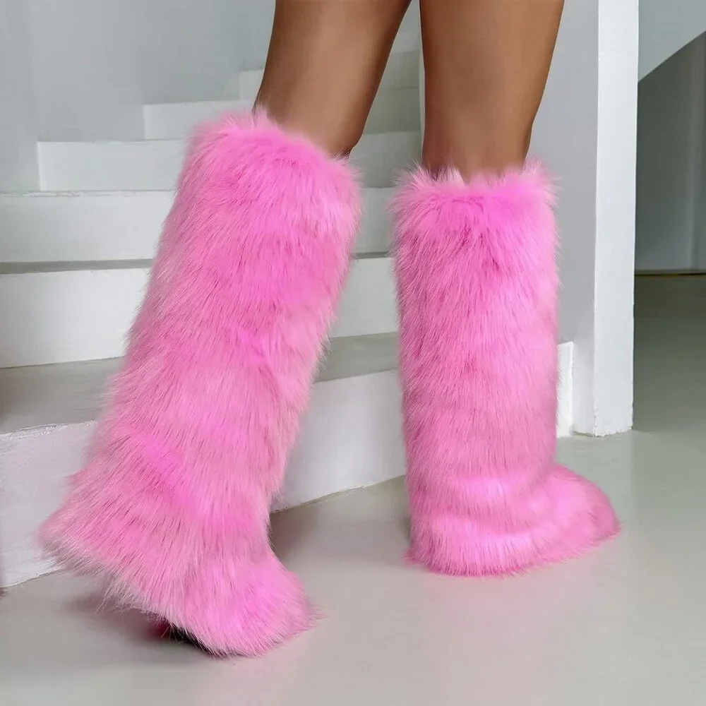 ⚡Women Pink Faux Fur Fluffy Cosy Round Toe Knee High Warm Outdoor Fur Boot